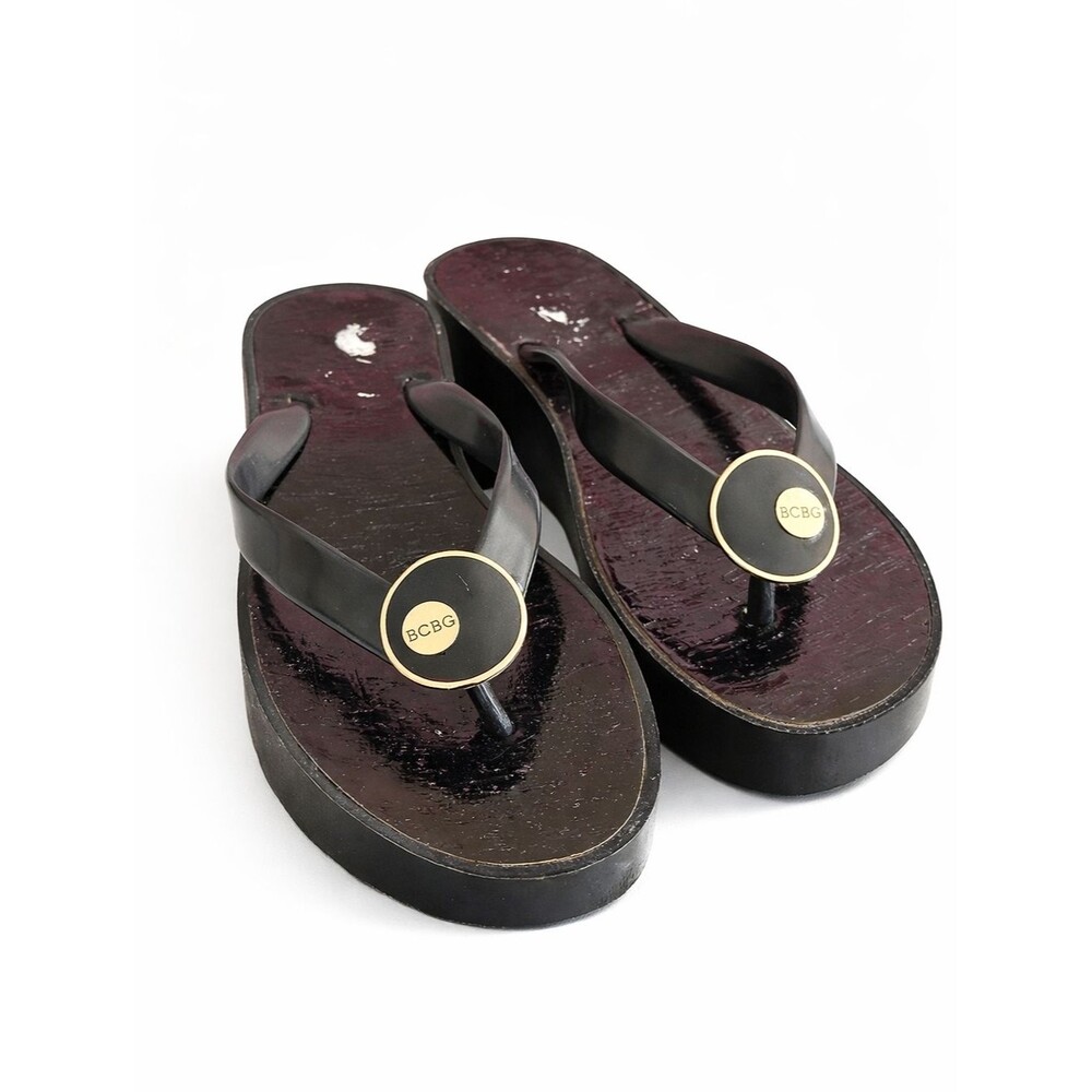 BCBG Platform Flip Flops Black Wedge Sandals Womens Size 10 Logo Disc Thong